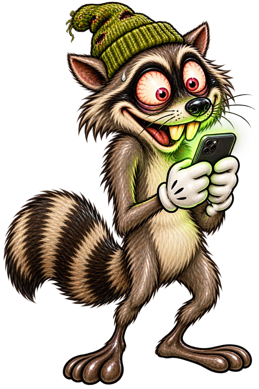Junkie the raccoon staring at his glowing green phone with bloodshot eyes.