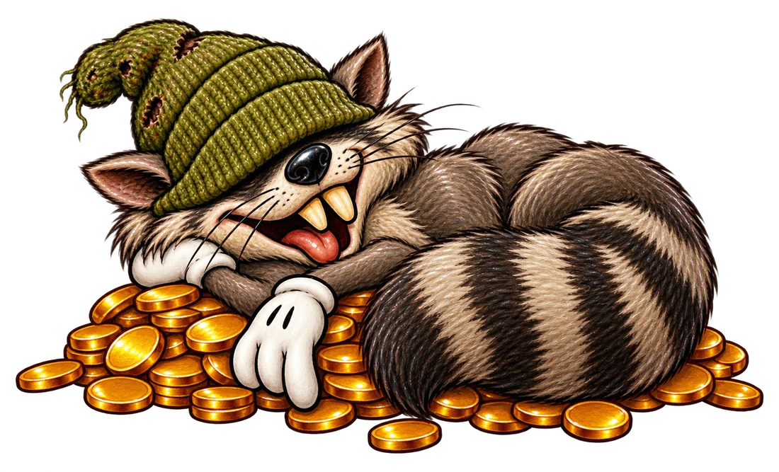 Junkie asleep on a pile of coins.