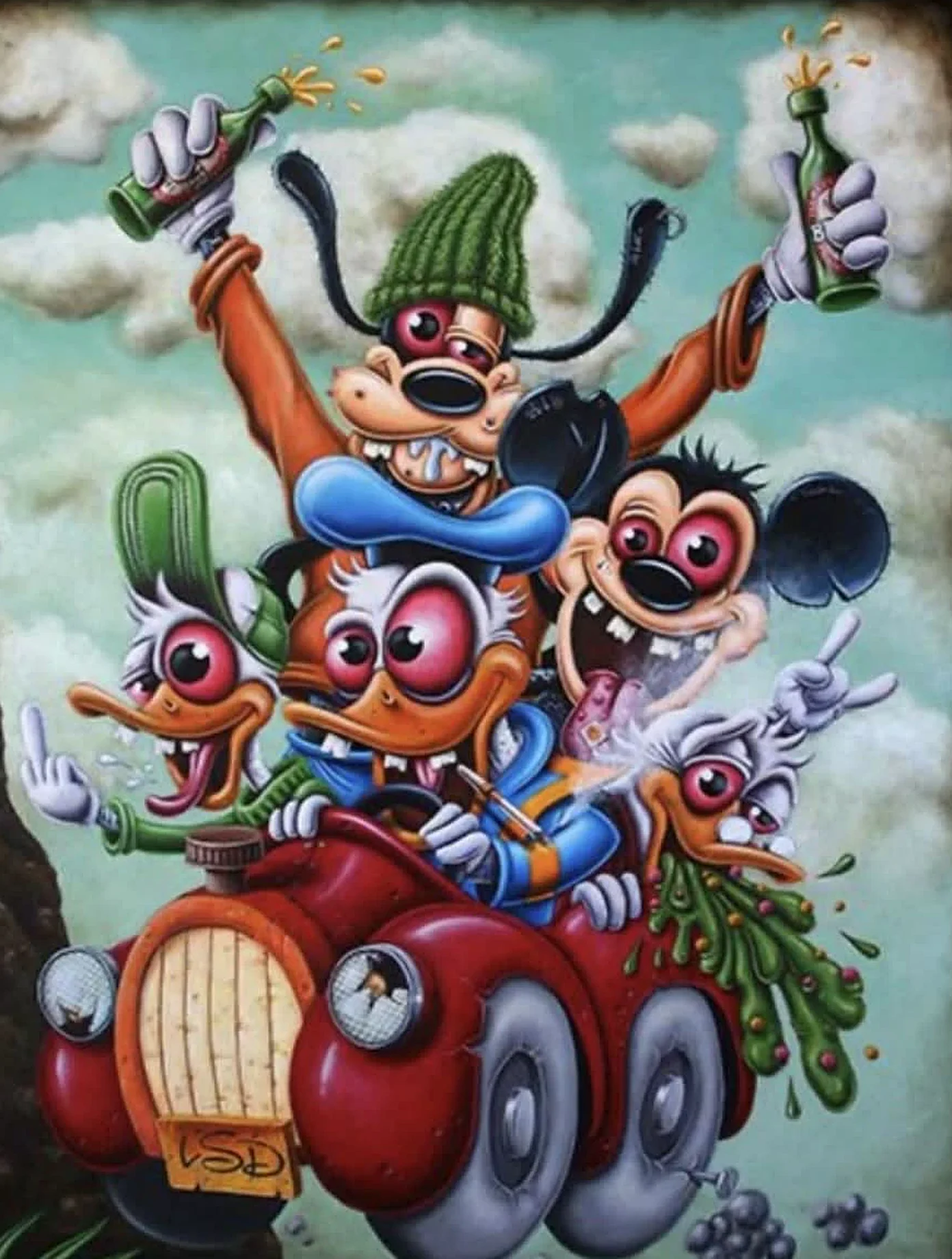 The original logo painting: a bloodshot cartoon gang in a red hot rod.